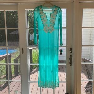 INC Beach NWT Beaded Sheer Swimsuit Cover-up Aqua Blue/Green M
